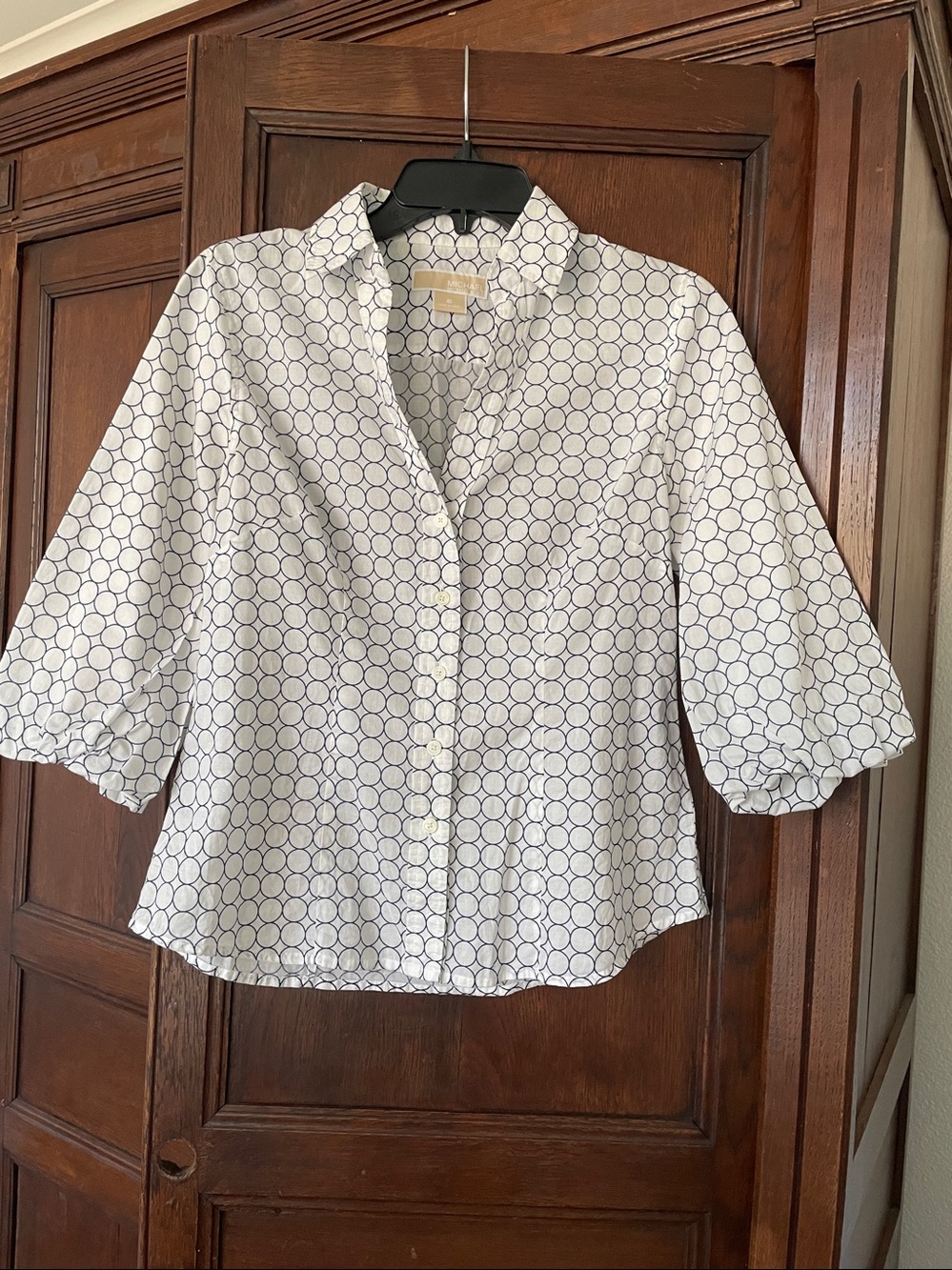 Michael Kors Cotton Puff 3/4 Sleeve Button Down Shirt White/Navy NWOT